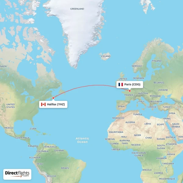 Halifax - Paris direct flight map