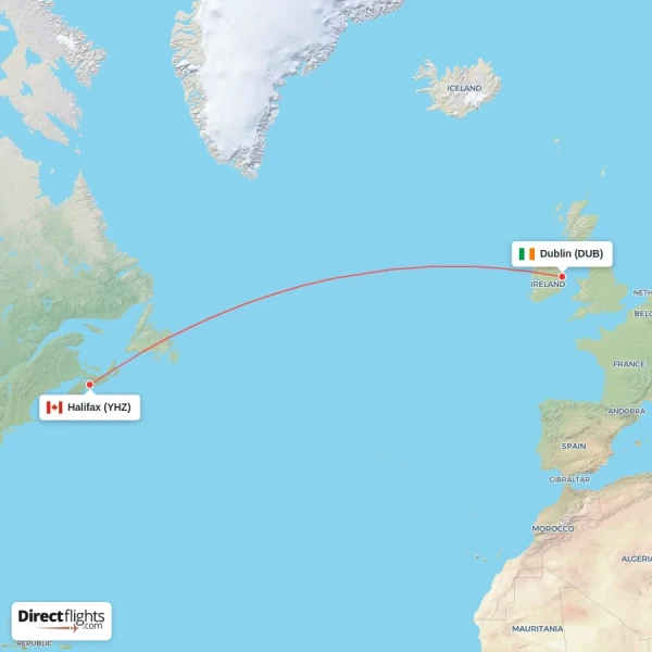 Halifax - Dublin direct flight map