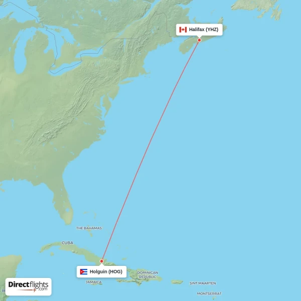 Halifax - Holguin direct flight map