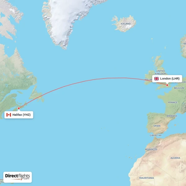 Halifax - London direct flight map