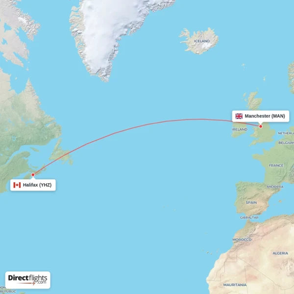 Halifax - Manchester direct flight map