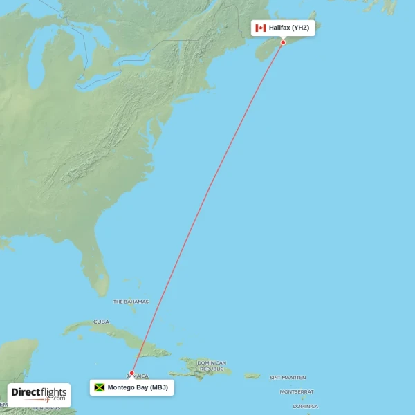 Halifax - Montego Bay direct flight map