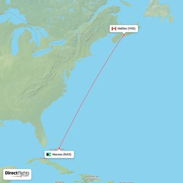 Halifax - Nassau direct flight map