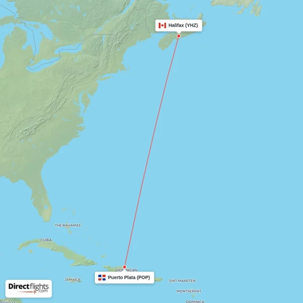 Halifax - Puerto Plata direct flight map