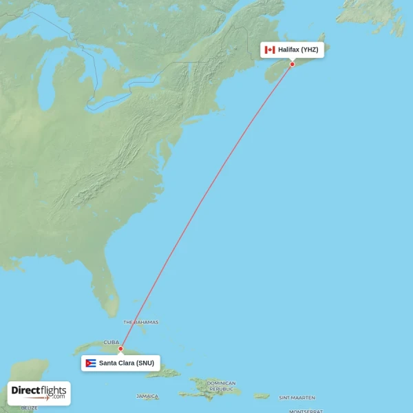 Halifax - Santa Clara direct flight map