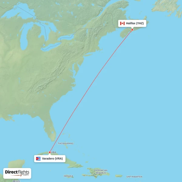 Halifax - Varadero direct flight map
