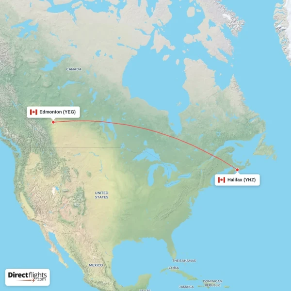 Halifax - Edmonton direct flight map