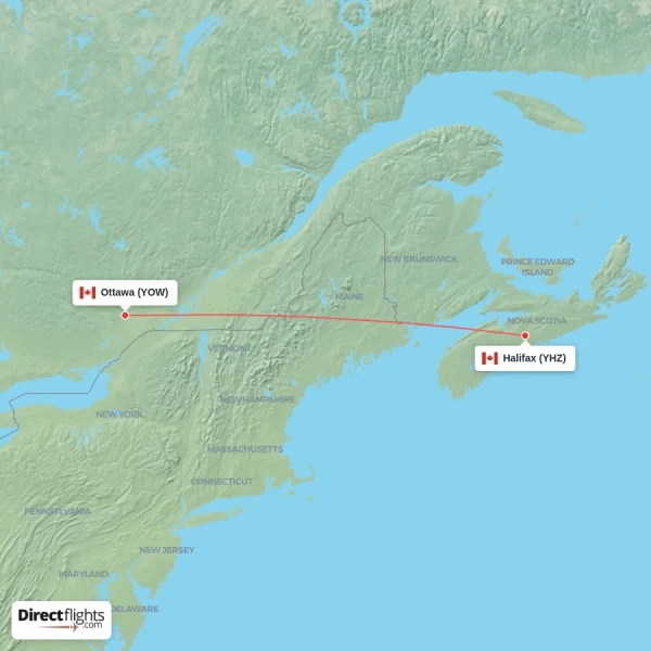 Halifax - Ottawa direct flight map