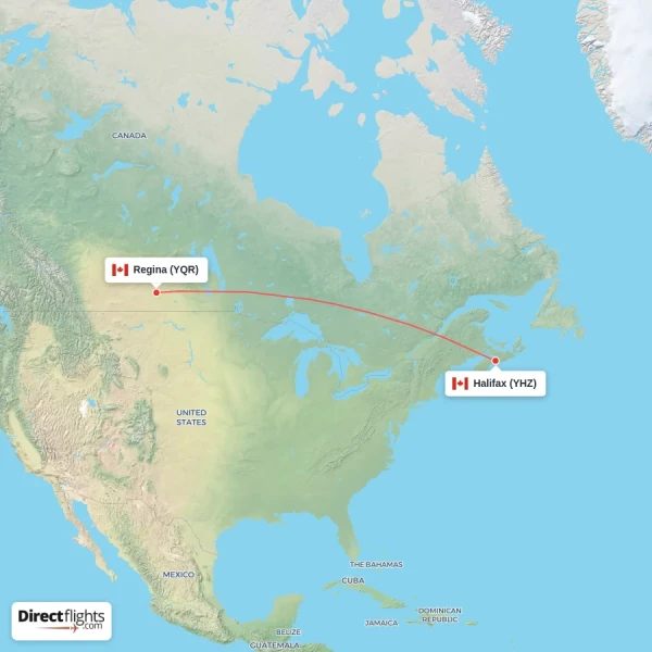 Halifax - Regina direct flight map