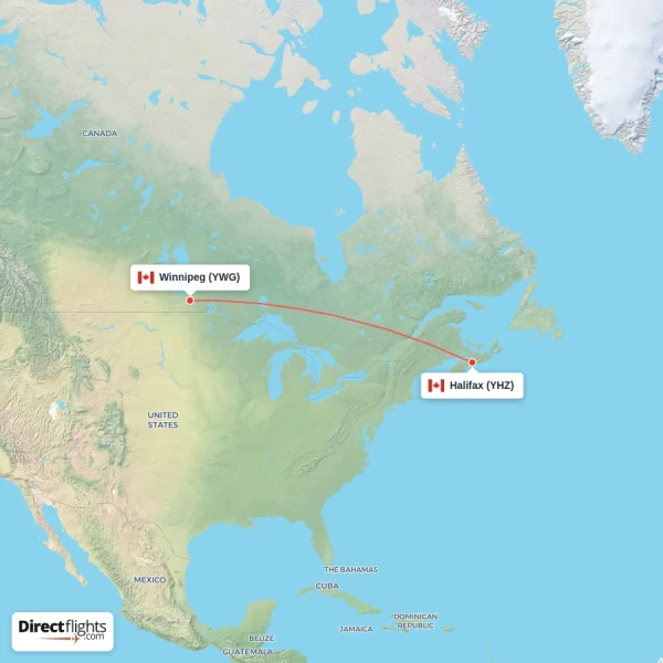 Halifax - Winnipeg direct flight map