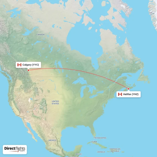 Halifax - Calgary direct flight map