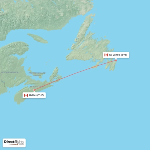 Halifax - St. John's direct flight map