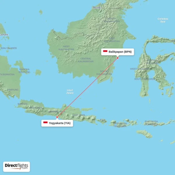 Yogyakarta - Balikpapan direct flight map
