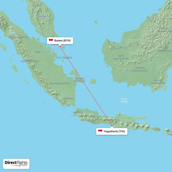 Yogyakarta - Batam direct flight map