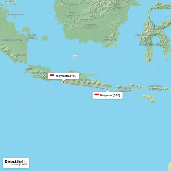 Yogyakarta - Denpasar direct flight map