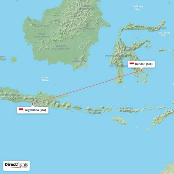Yogyakarta - Kendari direct flight map