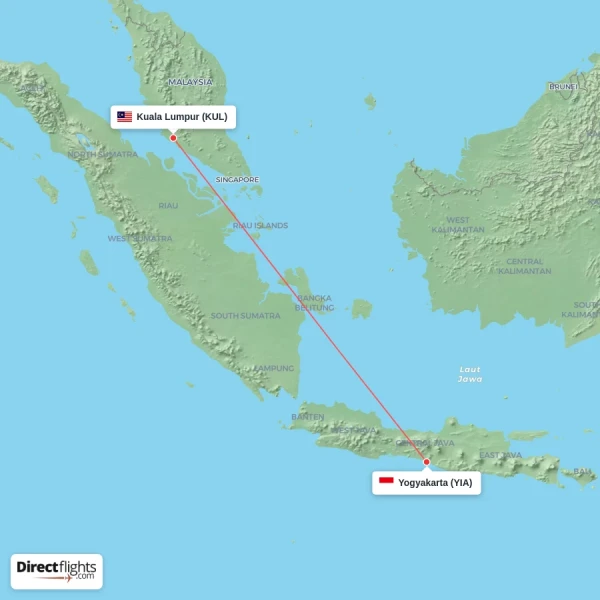 Yogyakarta - Kuala Lumpur direct flight map