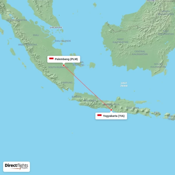 Yogyakarta - Palembang direct flight map