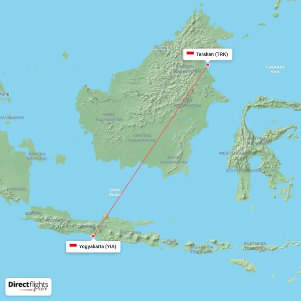 Yogyakarta - Tarakan direct flight map