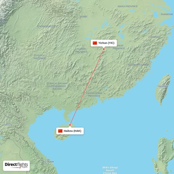Yichun - Haikou direct flight map