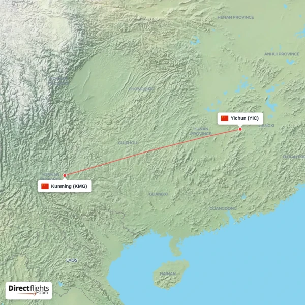 Yichun - Kunming direct flight map