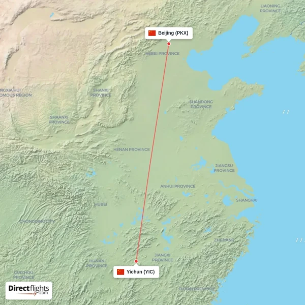Yichun - Beijing direct flight map