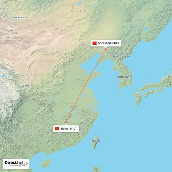 Yichun - Shenyang direct flight map