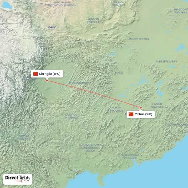 Yichun - Chengdu direct flight map