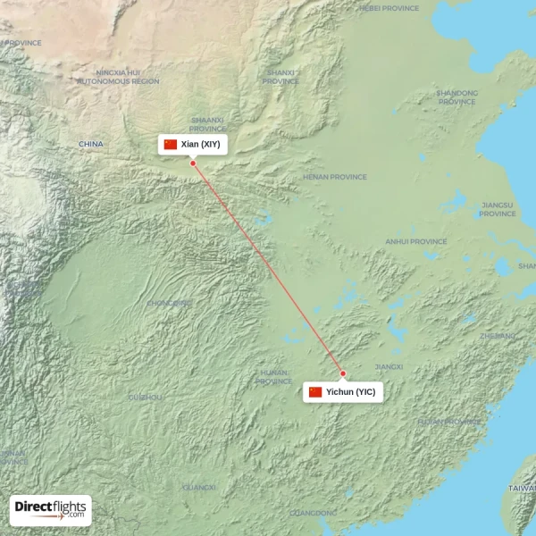 Yichun - Xian direct flight map