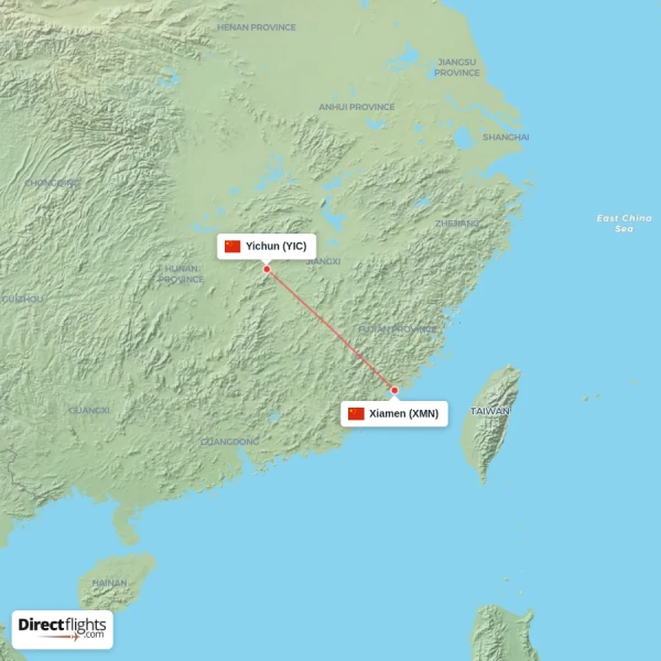 Yichun - Xiamen direct flight map
