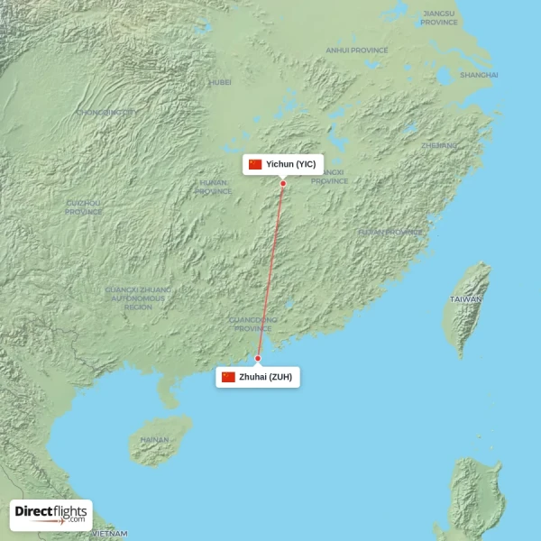 Yichun - Zhuhai direct flight map