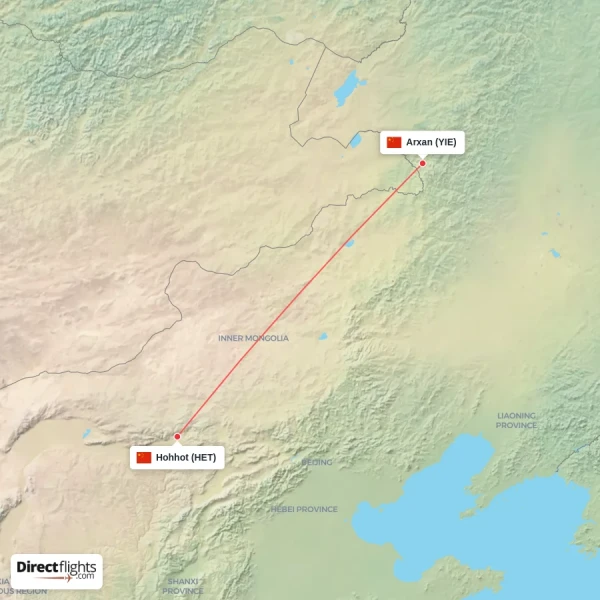 Arxan - Hohhot direct flight map