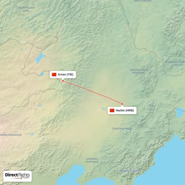 Arxan - Harbin direct flight map
