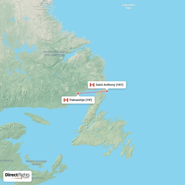 Pakuashipi - Saint Anthony direct flight map