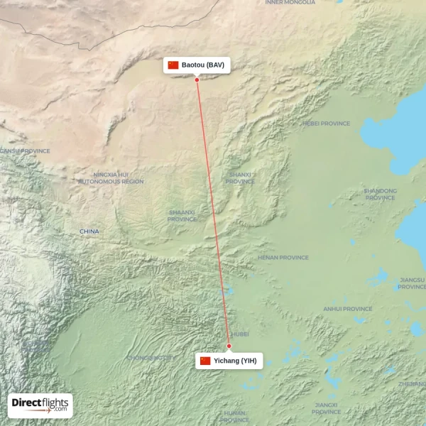 Yichang - Baotou direct flight map