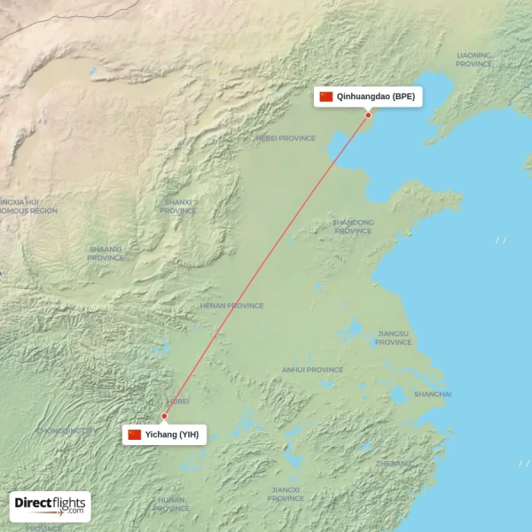 Yichang - Qinhuangdao direct flight map