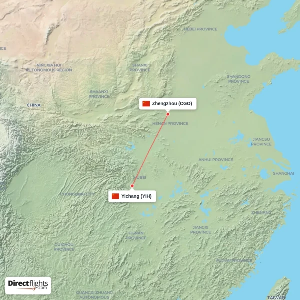 Yichang - Zhengzhou direct flight map