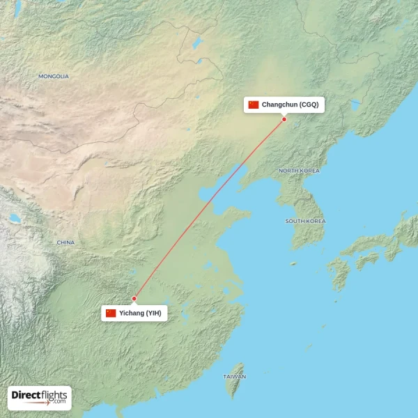 Yichang - Changchun direct flight map