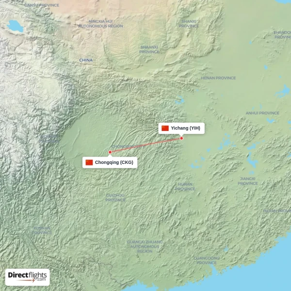 Yichang - Chongqing direct flight map
