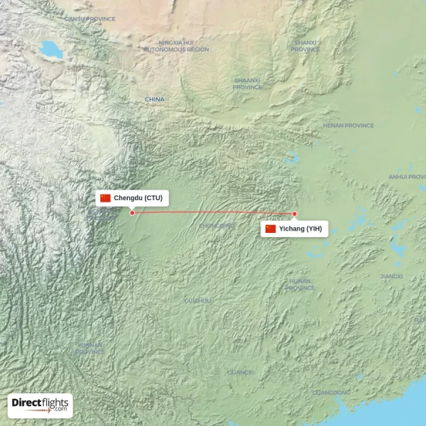 Yichang - Chengdu direct flight map