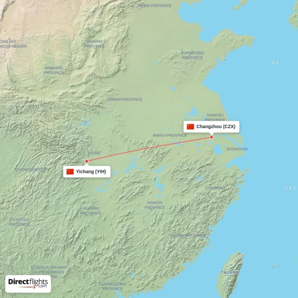 Yichang - Changzhou direct flight map