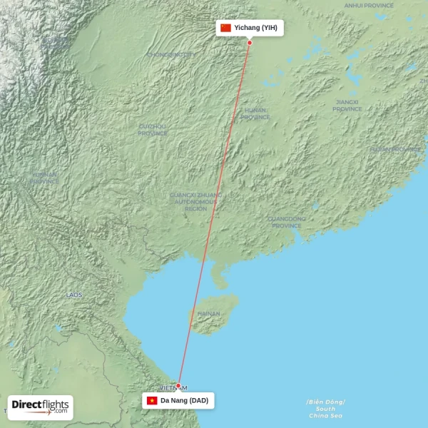Yichang - Da Nang direct flight map