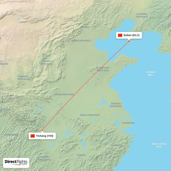 Yichang - Dalian direct flight map