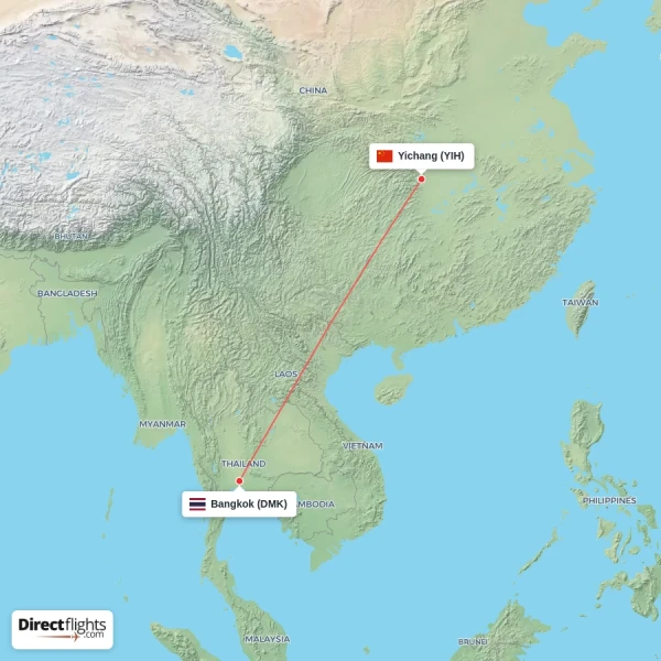 Yichang - Bangkok direct flight map