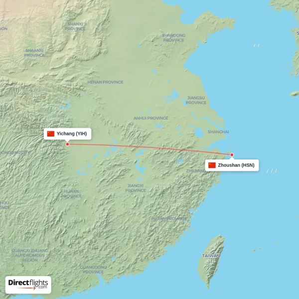 Yichang - Zhoushan direct flight map