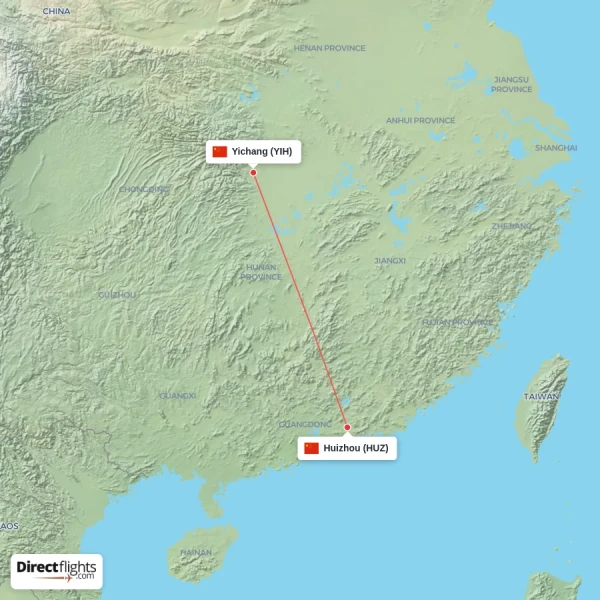 Yichang - Huizhou direct flight map