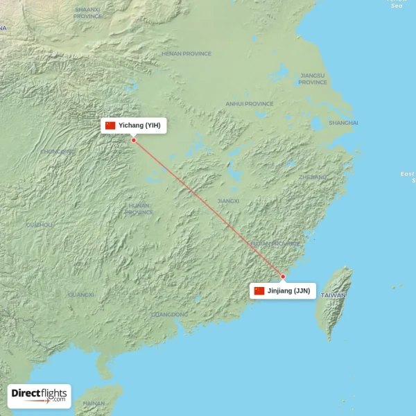 Yichang - Jinjiang direct flight map