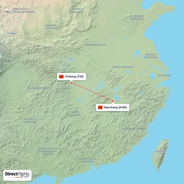 Yichang - Nanchang direct flight map