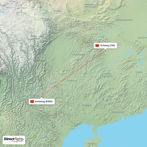 Yichang - Kunming direct flight map