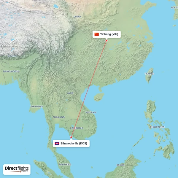 Yichang - Sihanoukville direct flight map